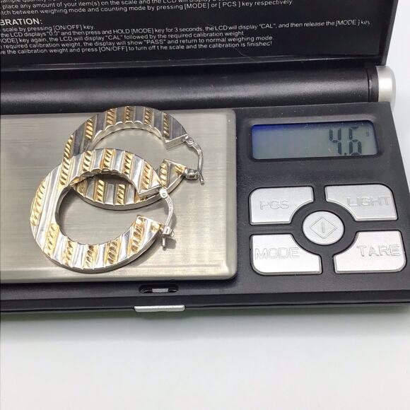 Sterling Silver Two Tone Textured Hoop Earrings 4.6g Polished Striped Design - Picture 11 of 14